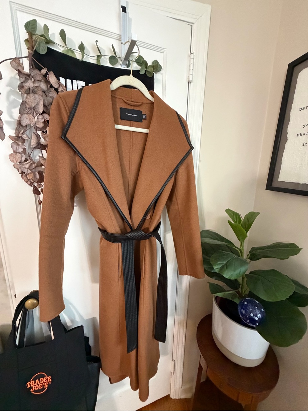 Tahari Camel Brown Wrap Trench Coat with Black Trim